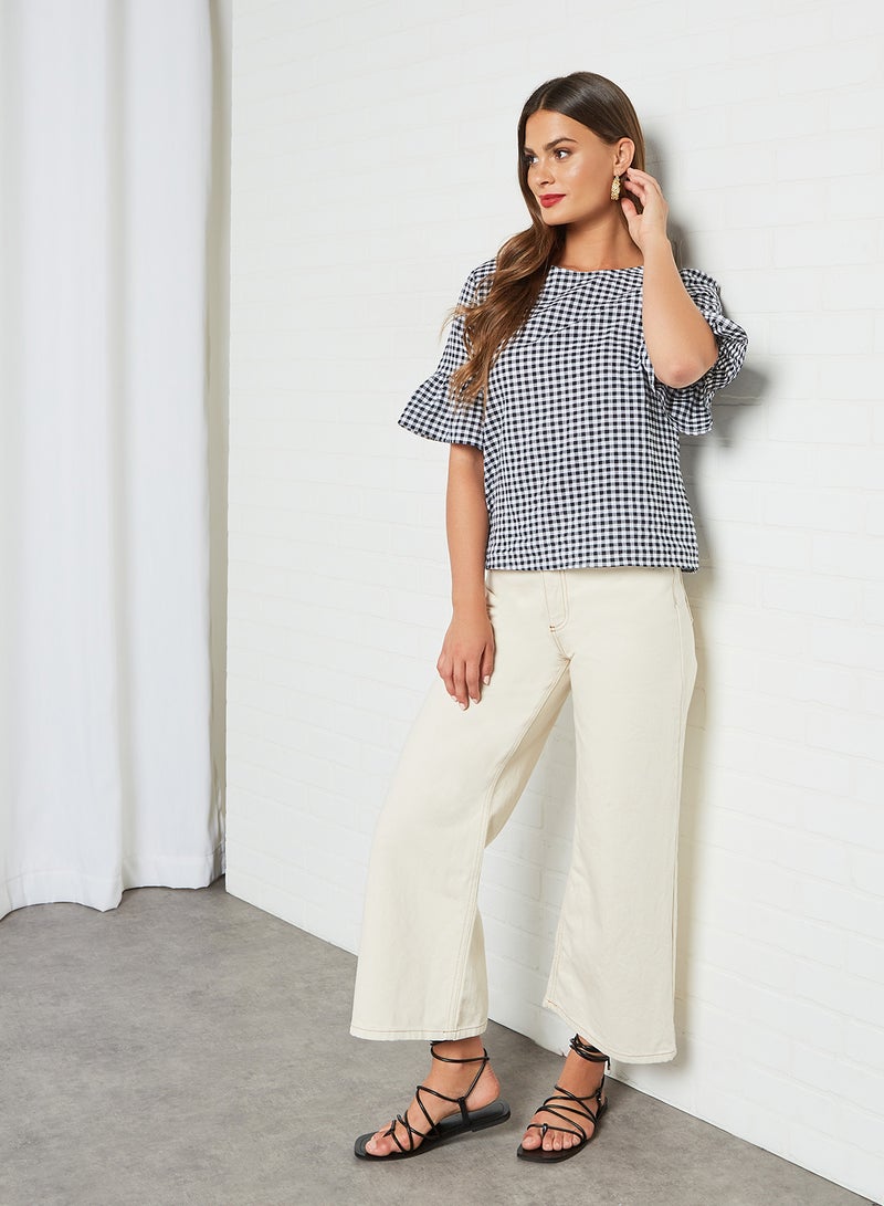DRIP Checkered Pattern Slim Fit Round Neck Frill Sleeve Top Black/White - Image 3