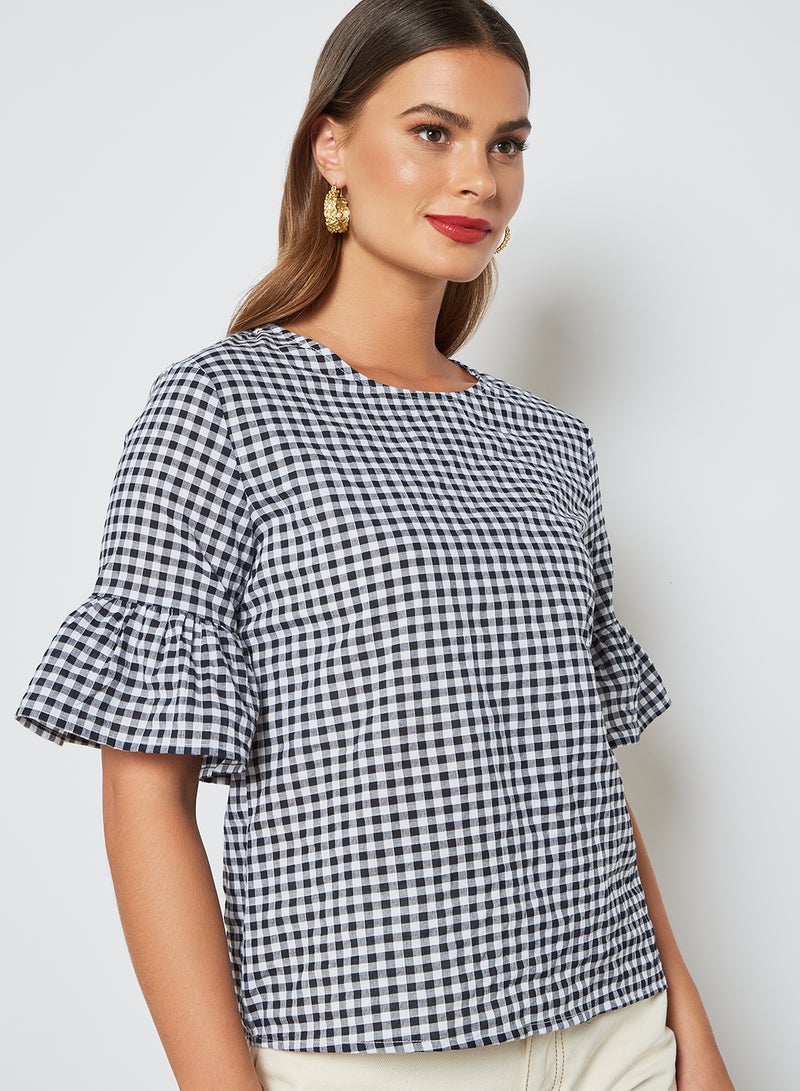 DRIP Checkered Pattern Slim Fit Round Neck Frill Sleeve Top Black/White - Image 4