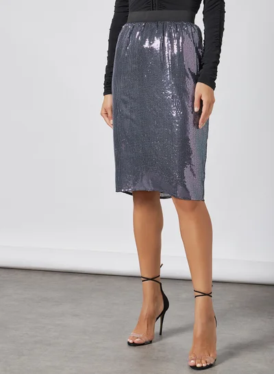 Aila Sequin Pattern A-Line Skirt Dark Grey Solid