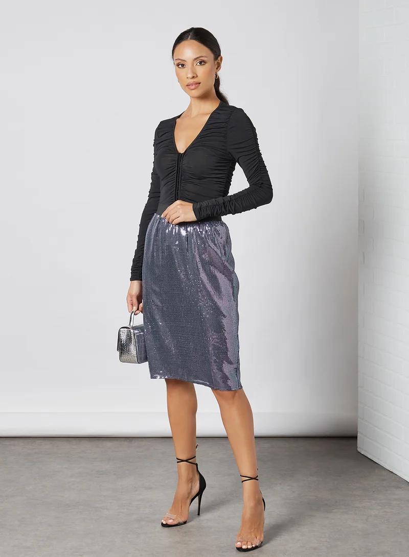Aila Sequin Pattern A-Line Skirt Dark Grey Solid