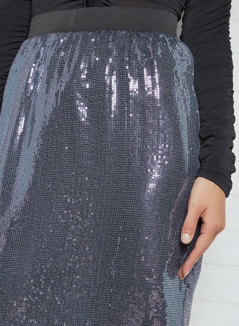 Aila Sequin Pattern A-Line Skirt Dark Grey Solid