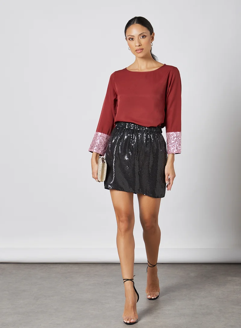 Aila Fashionable Plain Round Neck Blouse Burgundy Solid