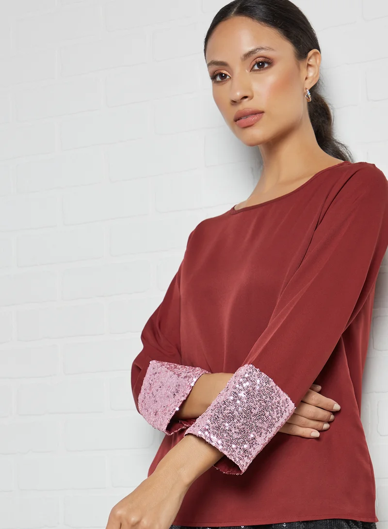 Aila Fashionable Plain Round Neck Blouse Burgundy Solid