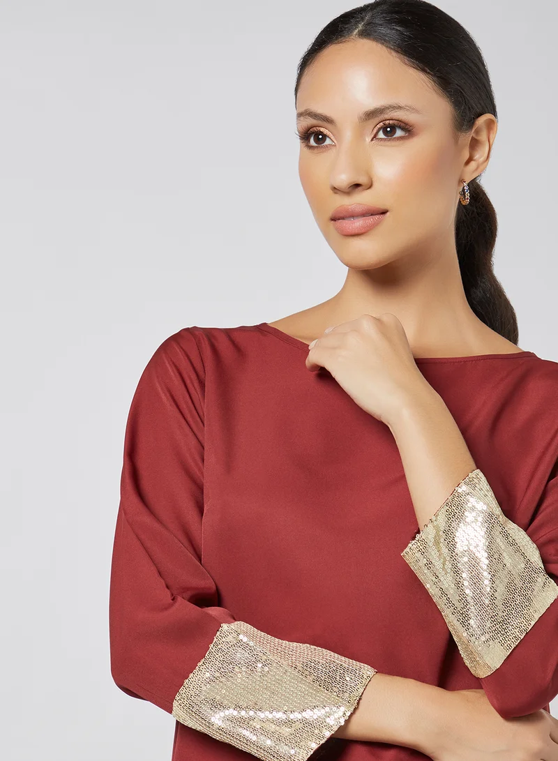 Aila Fashionable Plain Round Neck Blouse Burgundy Solid