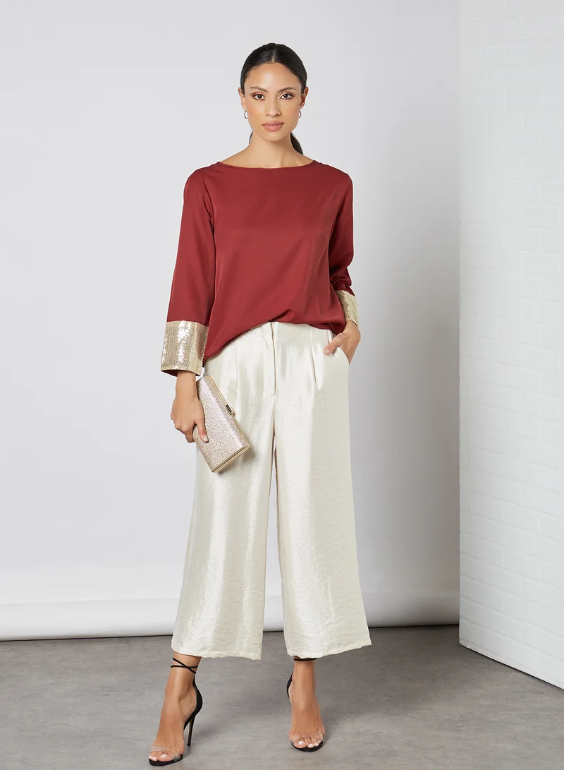 Aila Fashionable Plain Round Neck Blouse Burgundy Solid
