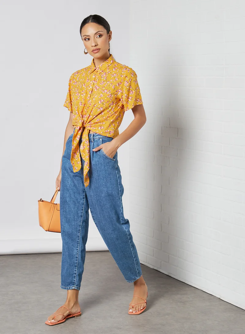 Aila Casual Short Sleeve Floral Shirt Yellow Floral