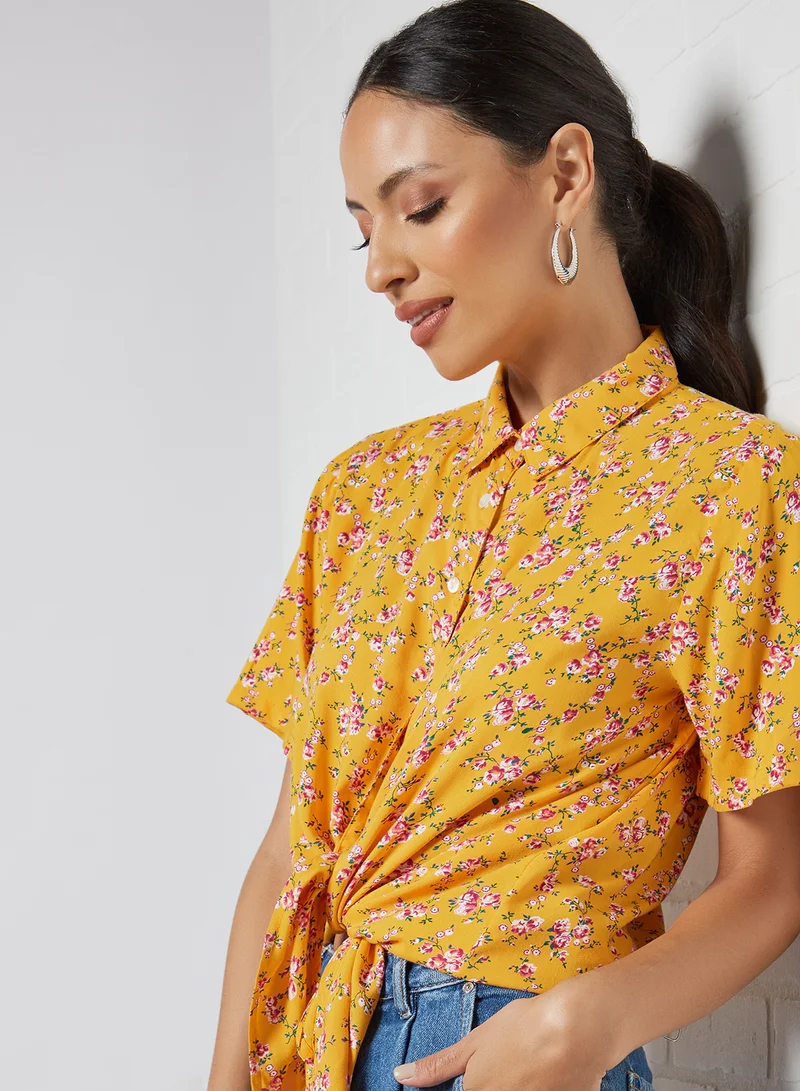 Aila Casual Short Sleeve Floral Shirt Yellow Floral