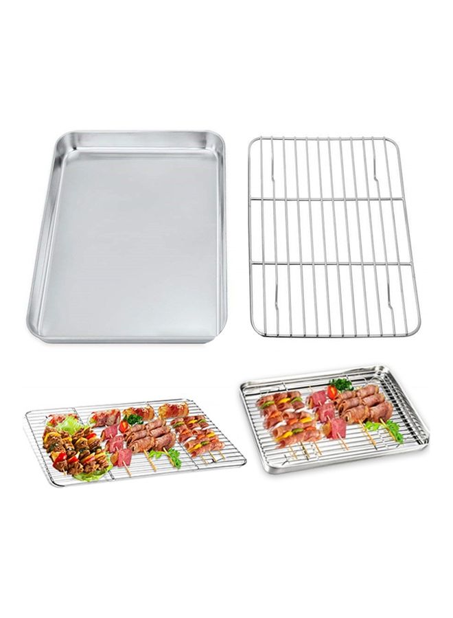 Rectangular Shape Stain Steel Baking Pan with Grill Silver 26 x 20 x 2.5cm  - Image 4