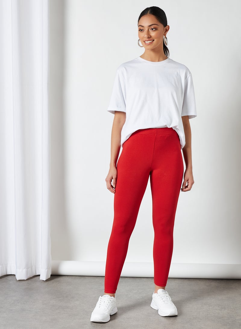 ABOF - Elastic Waist High-Rise Skinny Fit Plain Leggings Red - Image 1
