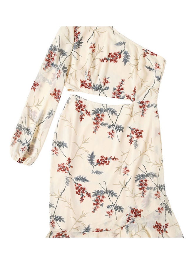 One Shoulder Stylish Dress Beige/Grey/Red - Image 2