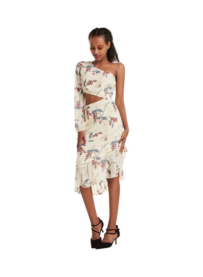 One Shoulder Stylish Dress Beige/Grey/Red - Image 5