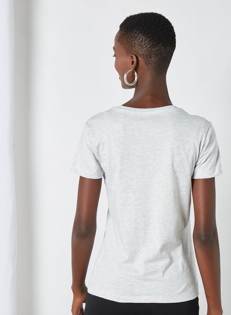 Aila Casual Round Neck Printed T-Shirt Light Grey Melange - Image 2