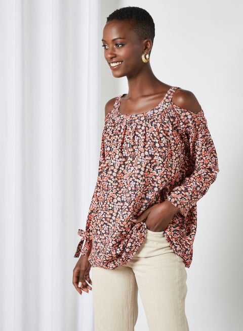 Casual Floral Printed Top Black Aop