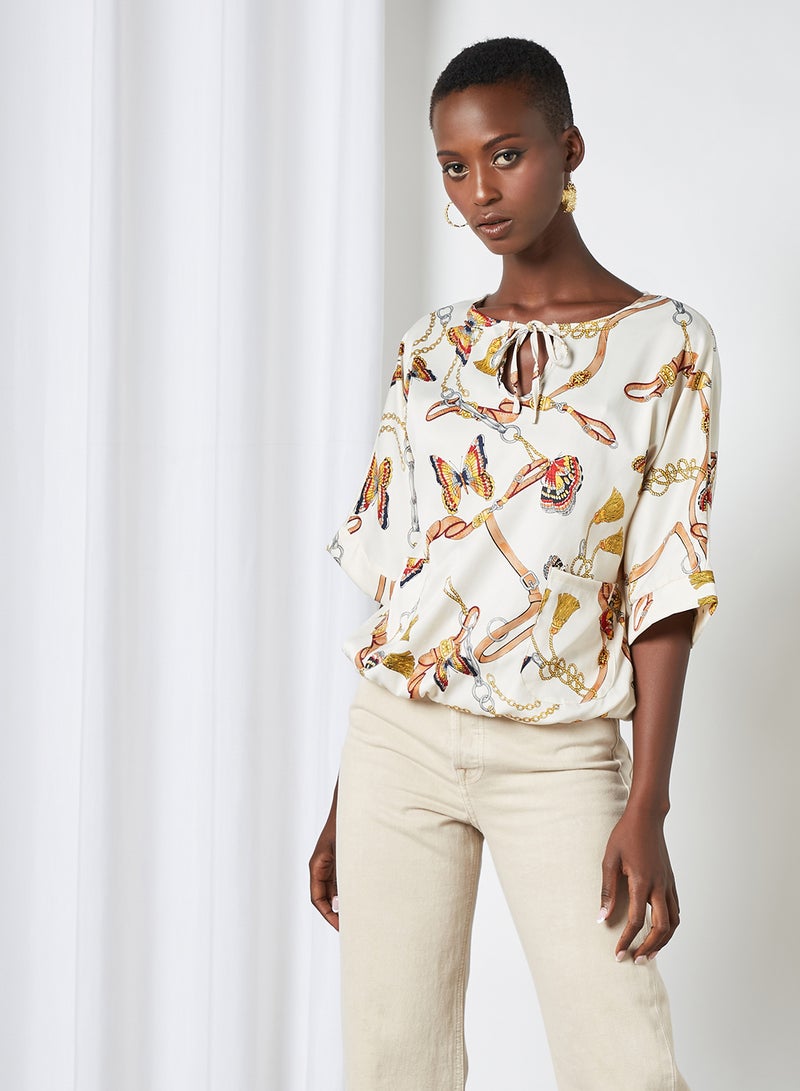 Aila Round Neck Printed Blouse Top Off White - Image 1