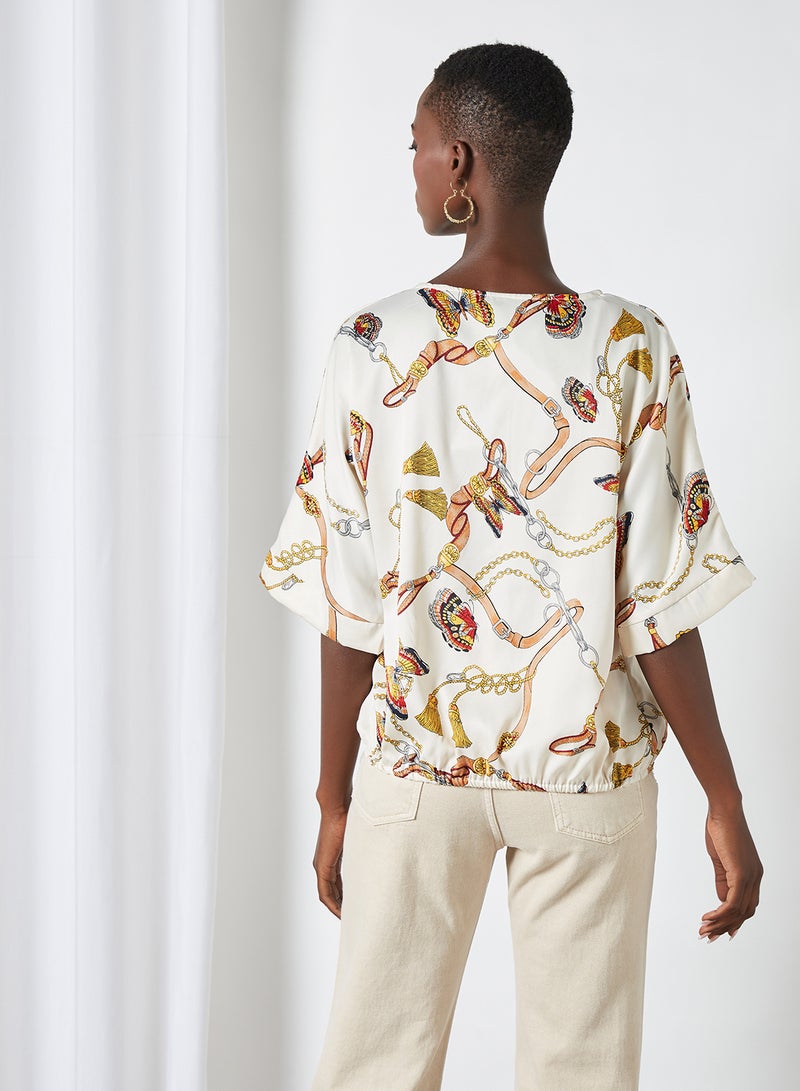 Aila Round Neck Printed Blouse Top Off White - Image 2