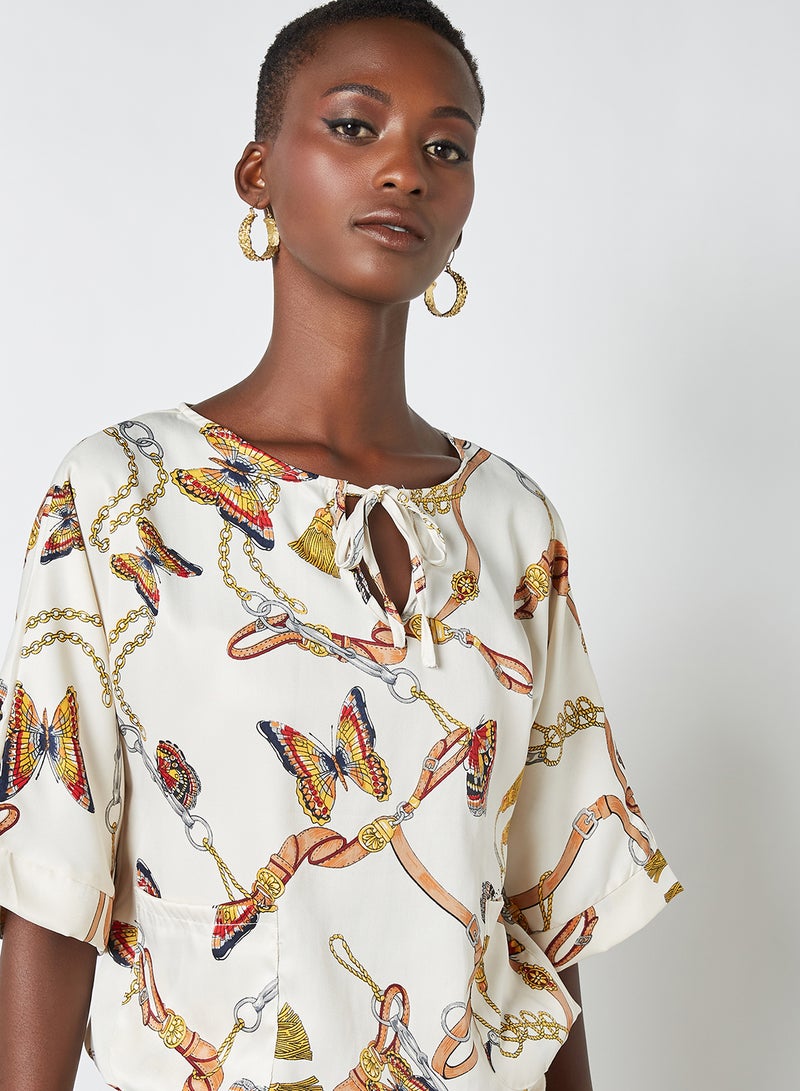 Aila Round Neck Printed Blouse Top Off White - Image 4