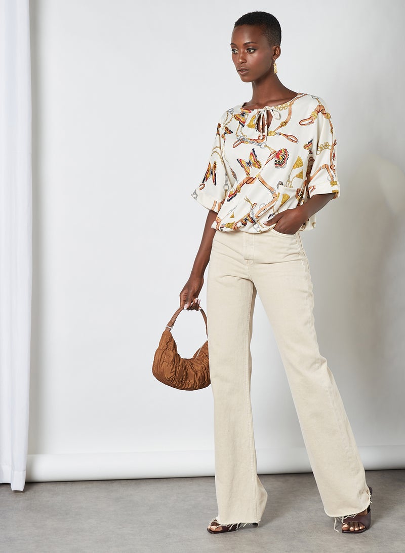 Aila Round Neck Printed Blouse Top Off White - Image 3