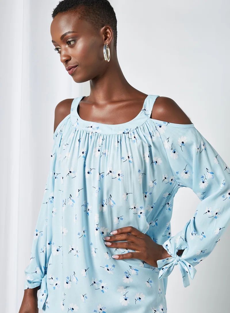 Aila Casual Polka Dot Long Sleeve Blouse Soft Blue Aop