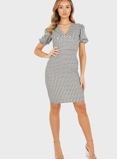 Puff Sleeve Mini Dress Blue/White