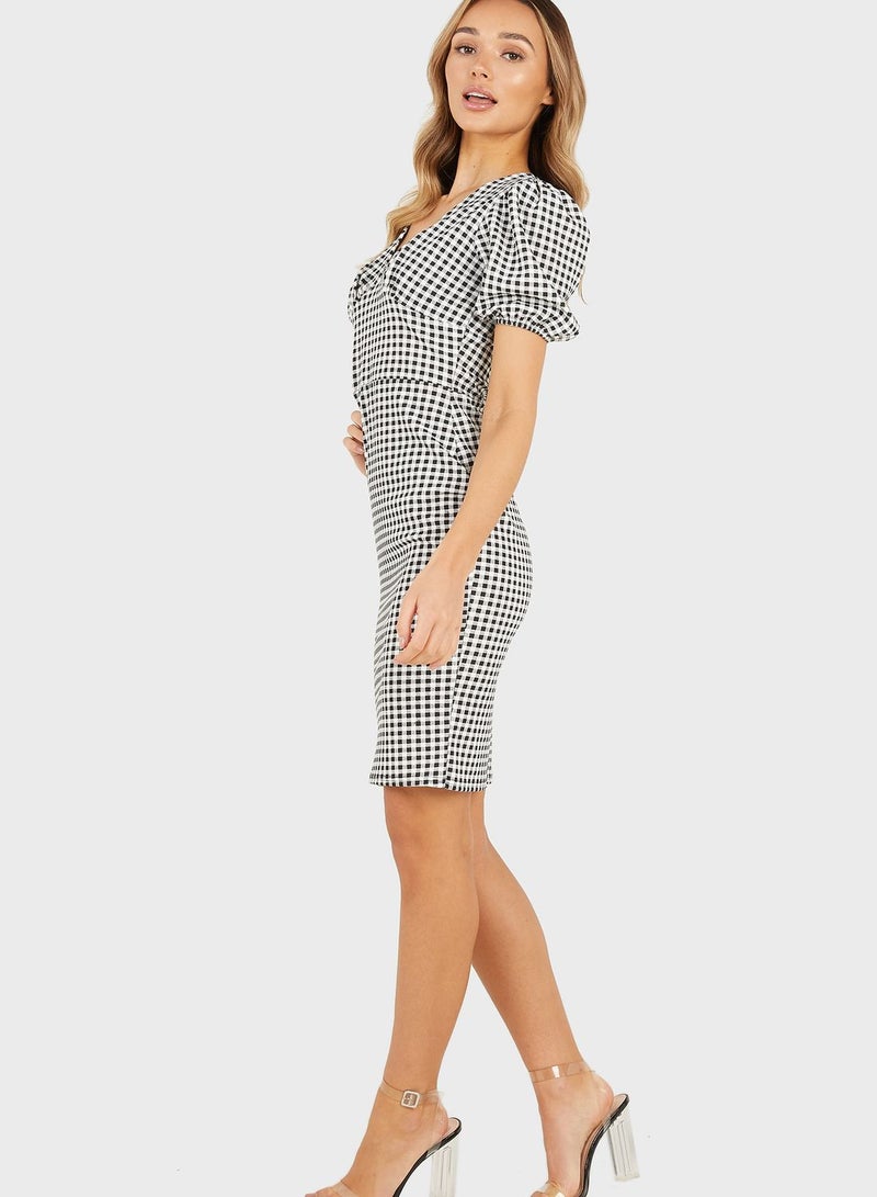 QUIZ - Puff Sleeve Mini Dress Blue/White - Image 1