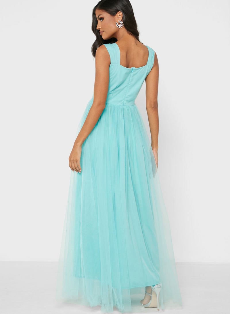 Amri - Sweetheart Neck Mesh Detail Dress Green - Image 1