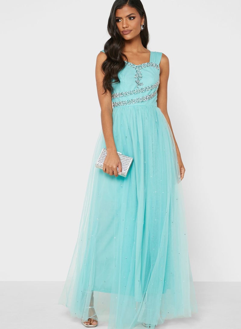 Amri - Sweetheart Neck Mesh Detail Dress Green - Image 1