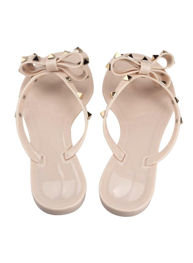 Summer Patchwork Rivet Flip Flops Beige  - Image 2