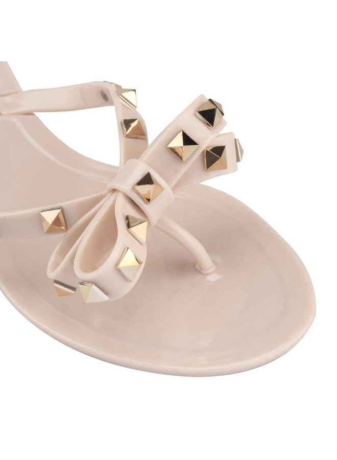 Summer Patchwork Rivet Flip Flops Beige  - Image 3