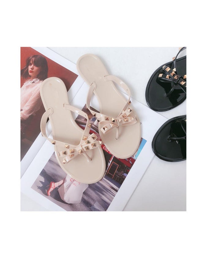 Summer Patchwork Rivet Flip Flops Beige  - Image 4