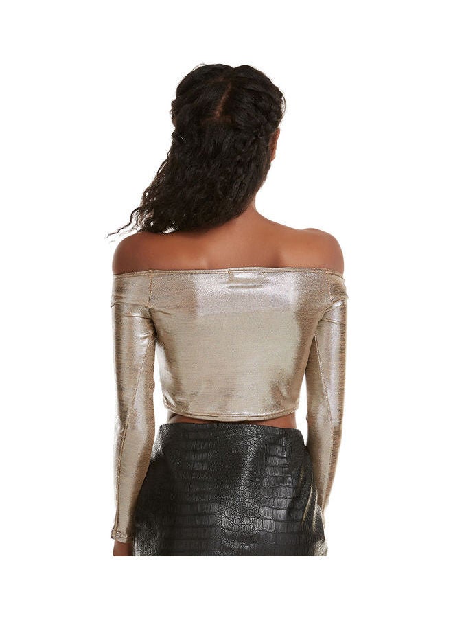 Long Sleeve Casual Crop Top Gold - Image 5