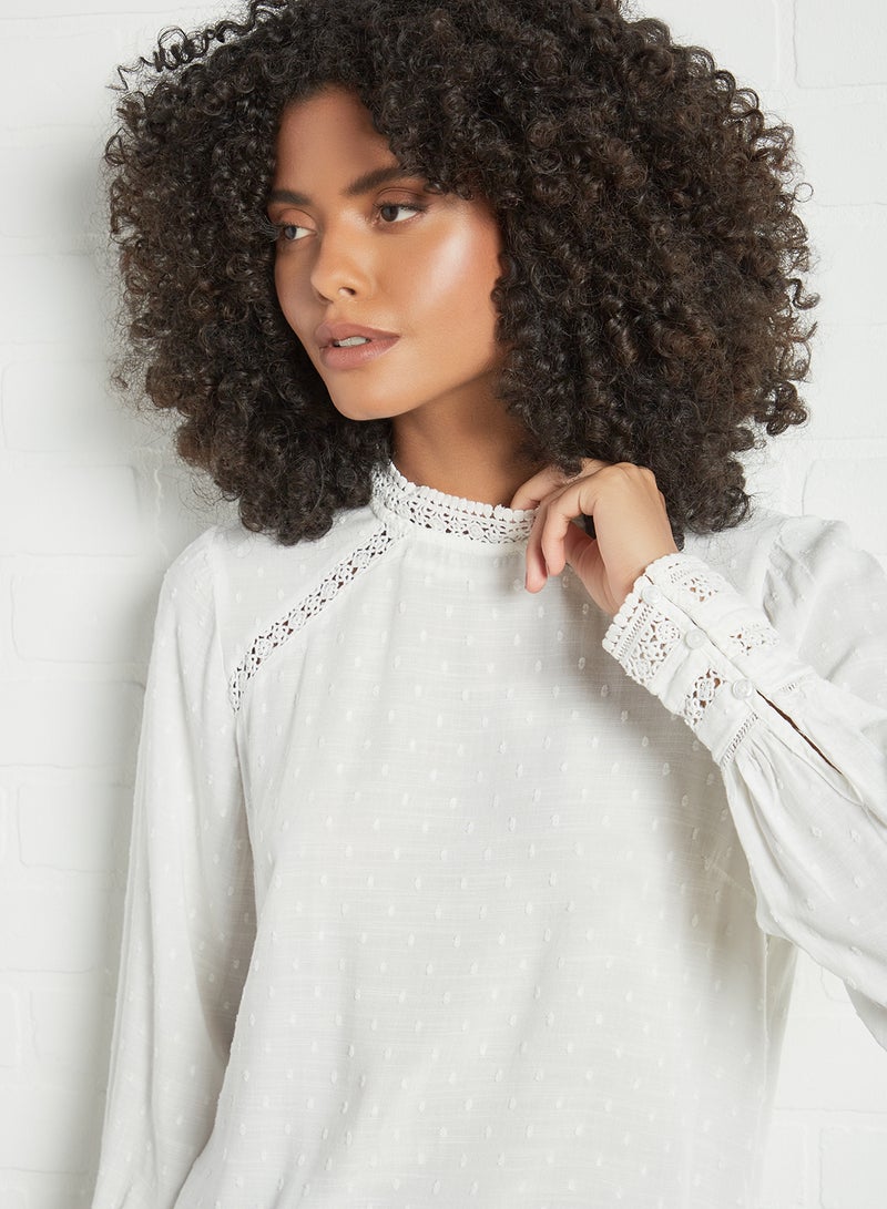 Pimkie Lace Trim Plumeti Blouse White  - Image 4
