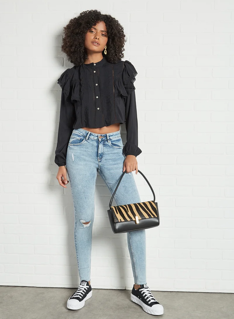 Pimkie Lace Trim Cropped Blouse Black