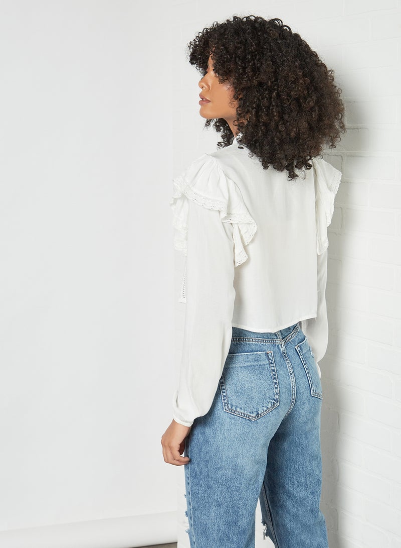 Pimkie Lace Trim Cropped Blouse White  - Image 2