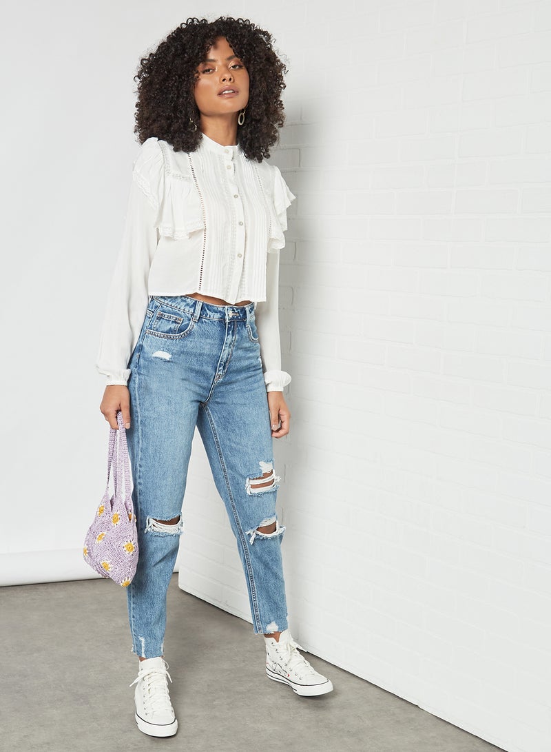Pimkie Lace Trim Cropped Blouse White  - Image 3