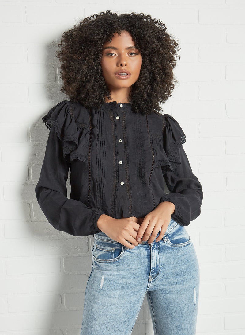 Pimkie Lace Trim Cropped Blouse Black  - Image 1
