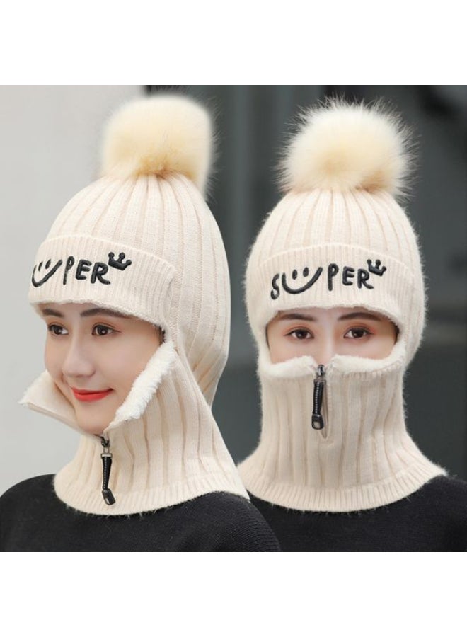 Generic - Women's Pure Color Smiling Face Knitted Hat Beige - Image 1