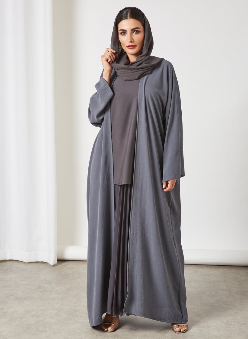 Bousni 3-Piece Pleated Bisht Abaya Set Granite  - Image 1