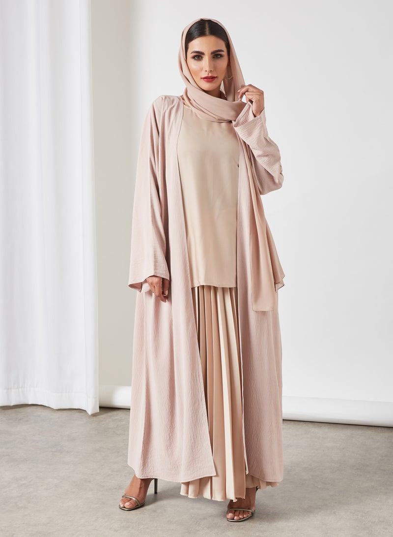 Bousni 3-Piece Pleated Bisht Abaya Set Latte  - Image 1