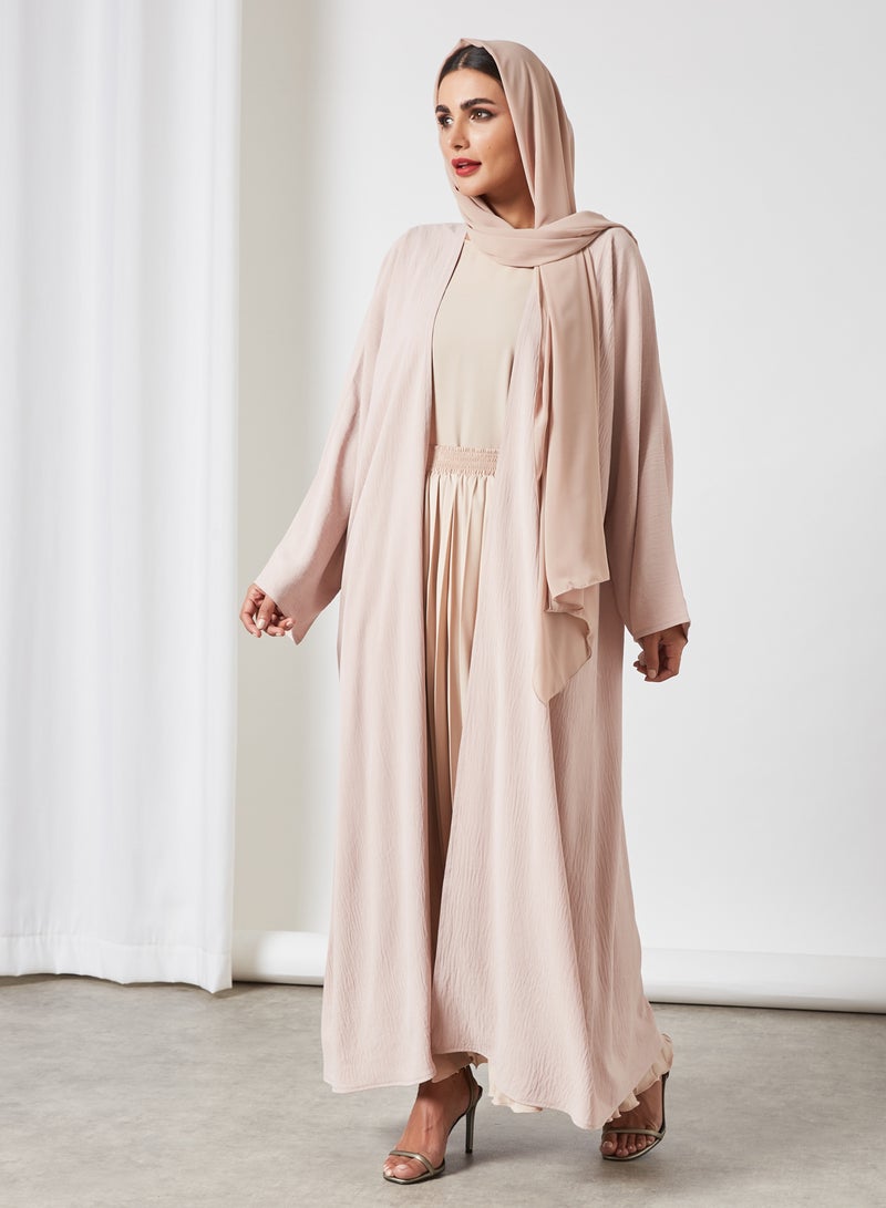 Bousni 3-Piece Pleated Bisht Abaya Set Latte  - Image 3