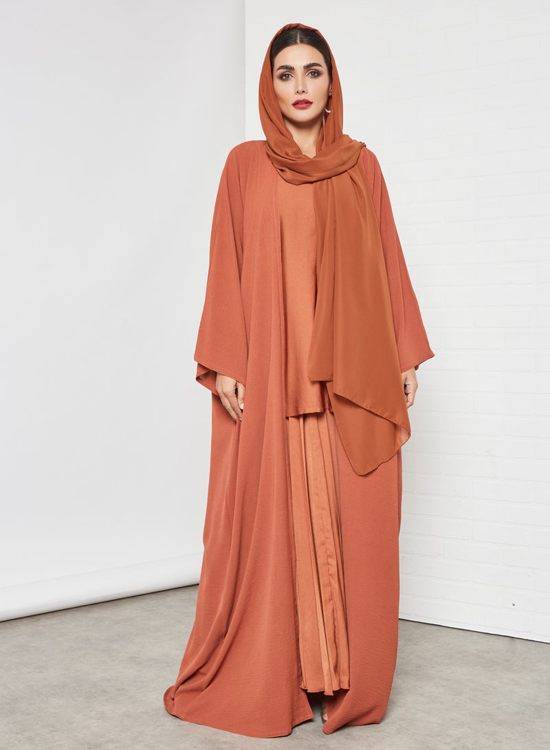 Bousni 3-Piece Pleated Bisht Abaya Set Rust  - Image 1
