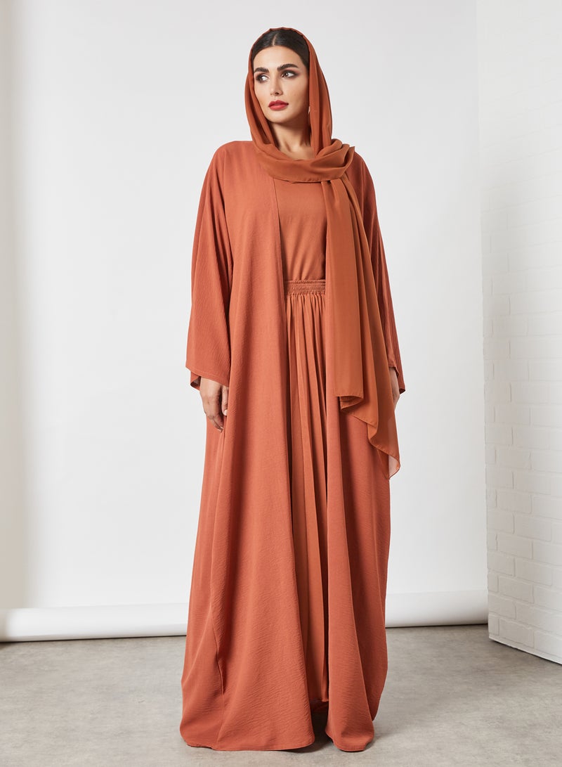 Bousni 3-Piece Pleated Bisht Abaya Set Rust  - Image 3
