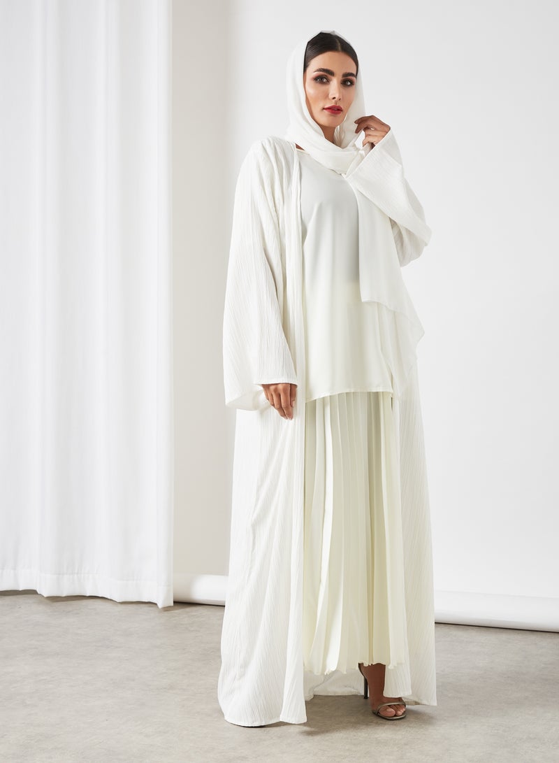 Bousni 3-Piece Pleated Bisht Abaya Set Off White  - Image 1