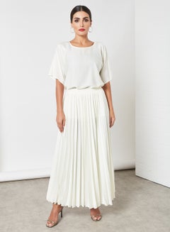 Bousni 3-Piece Pleated Bisht Abaya Set Off White  - Image 4
