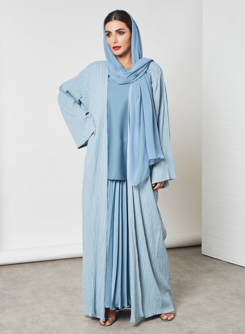 Bousni 3-Piece Pleated Bisht Abaya Set Denim Blue  - Image 3