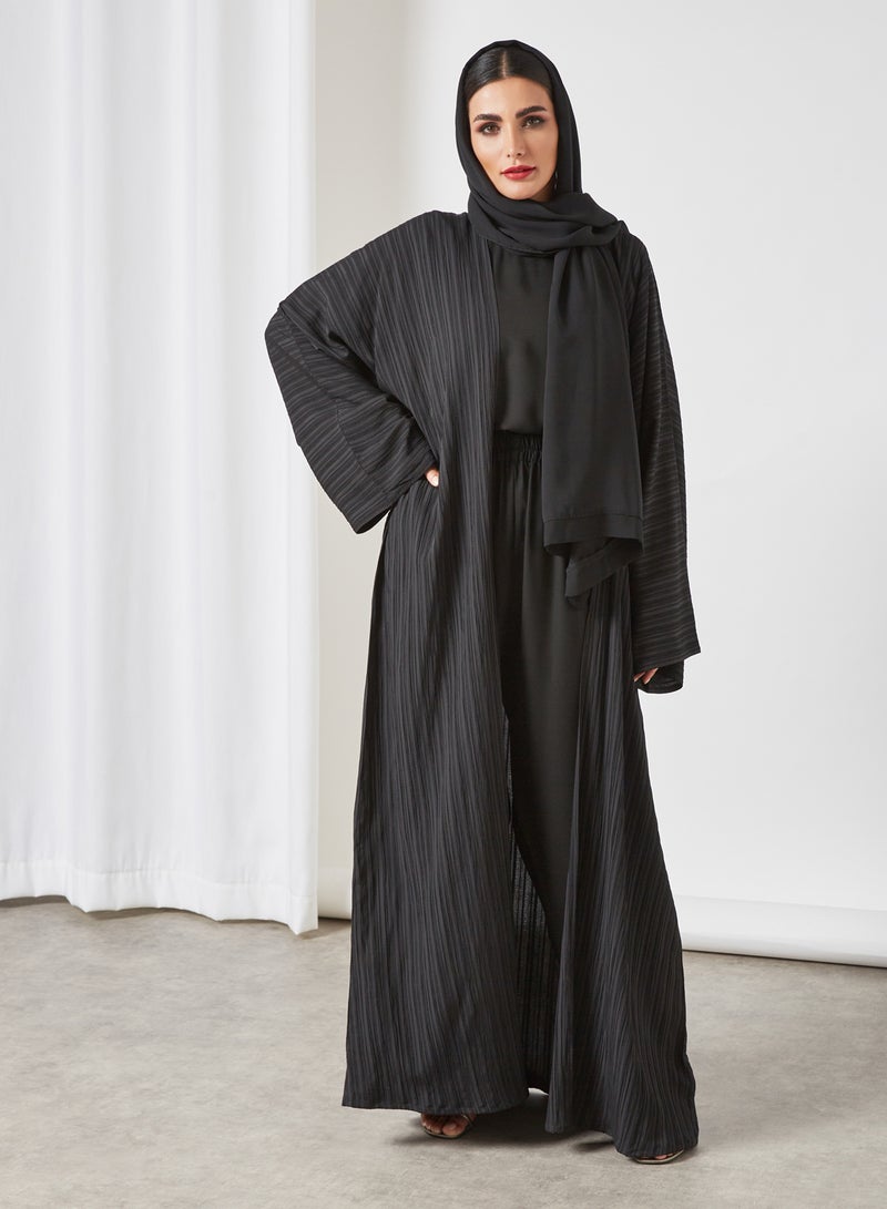 Bousni - 3-Piece Pleated Bisht Abaya Set Black - Image 1