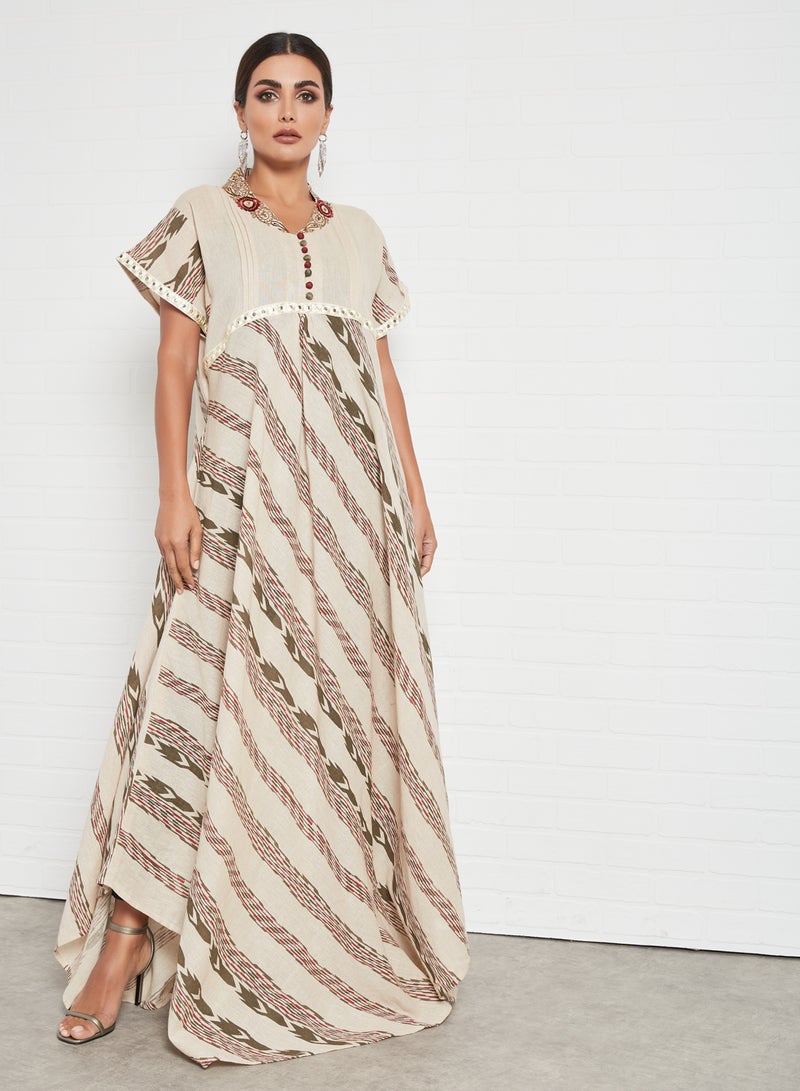 Sara Arabia - Stripe Printed Jalabiya Wheat Brown - Image 1
