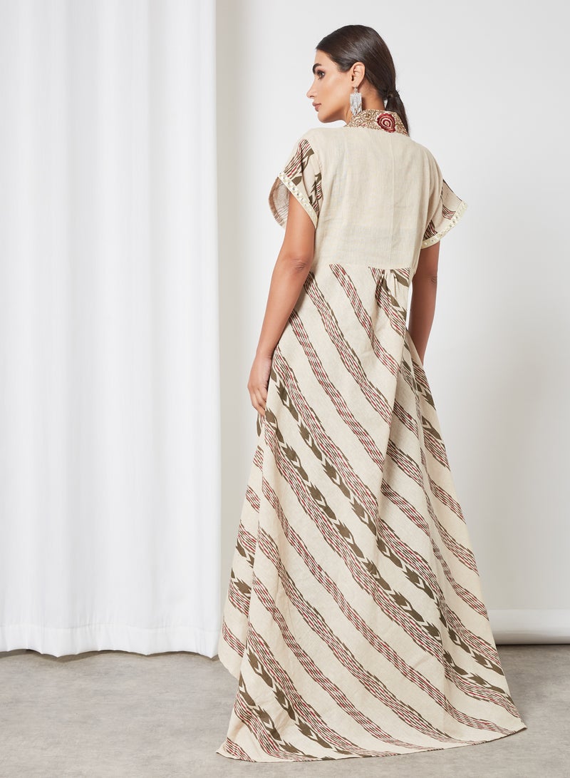 Sara Arabia - Stripe Printed Jalabiya Wheat Brown - Image 1