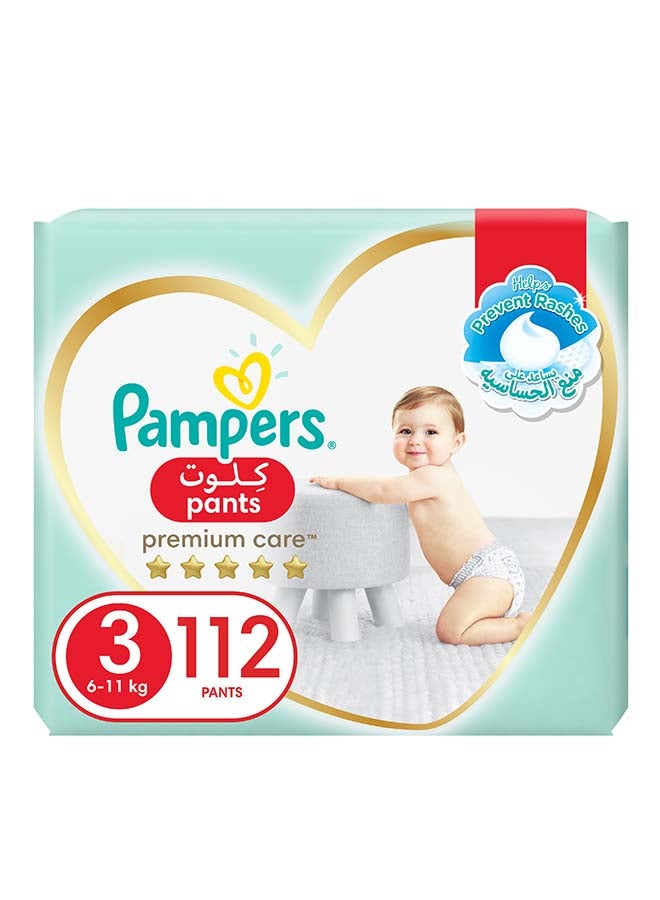 Pampers Premium Care Baby Pants Diapers, Size 3, 6 - 11 Kg, 112 Count (56 x 2) - Helps Prevent Rashes  - Image 1