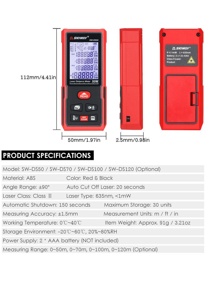 SNDWAY - 50 Meters Laser Distance Meter Black/Red - Image 1