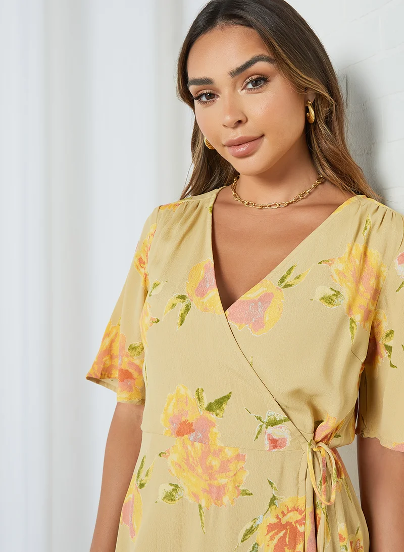 PIECES Floral Print Wrap Dress Hemp